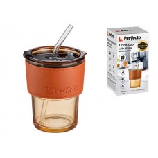 Стакан стеклянный для напитков с трубочкой и кожаным кейсом, 400 мл, Amber, PERFECTO LINEA (31-400200)